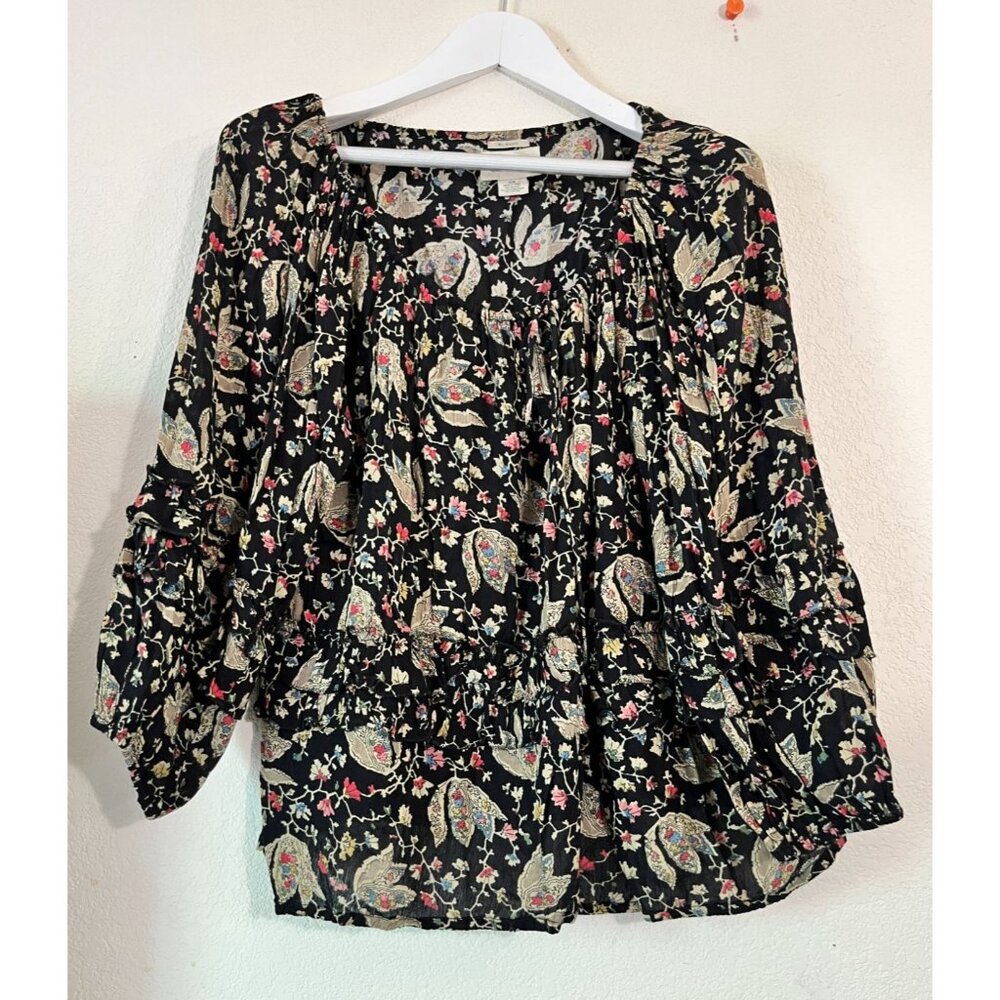 Denim & Supply Ralph Lauren Womens Floral RL Boho Top Medium Black Long Sleeve